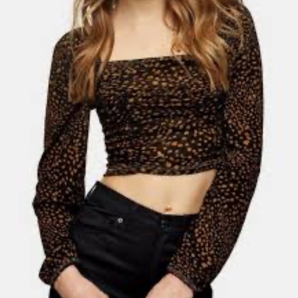 Topshop Ruched Animal Print Long Sleeve Crop‎ Top - Picture 1 of 8